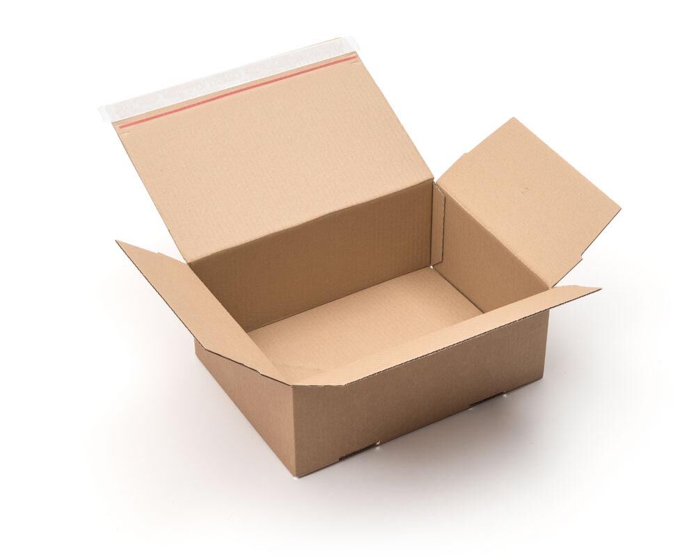 Schachtel mit Automatikboden Selbstklebeverschluss braun